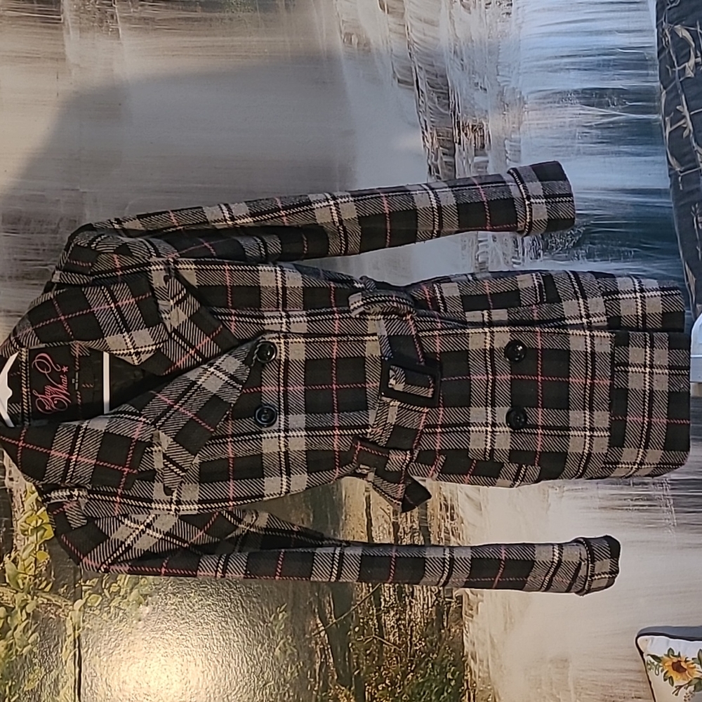 Say What! Super stylish womens XS dressy preppy plaid pea trench long coat